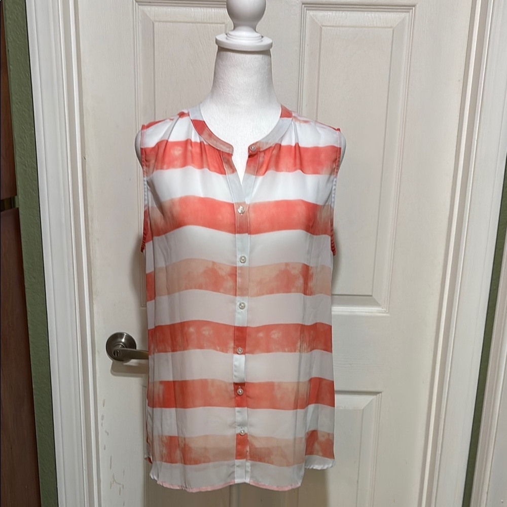 Striped Sleeveless Top - Orange and White Sheer Size Medium